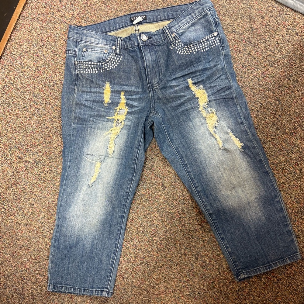 VENUS Blue Distressed Cropped Jeans with Stud Accents